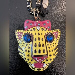 Vtg Betsey Johnson Viva La Betsey Jaguar Bow Pendant Statement Necklace RARE SEE